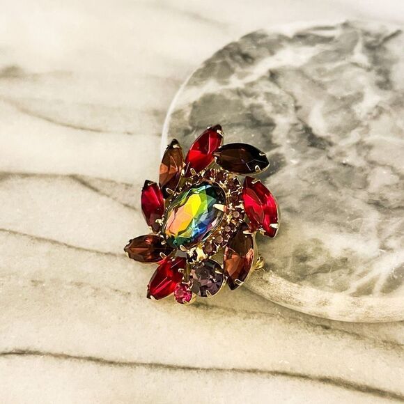 Verified Juliana Watermelon Crystal Brooch Red Purple Fuchsia Gold Pin 2248 - Picture 2 of 5